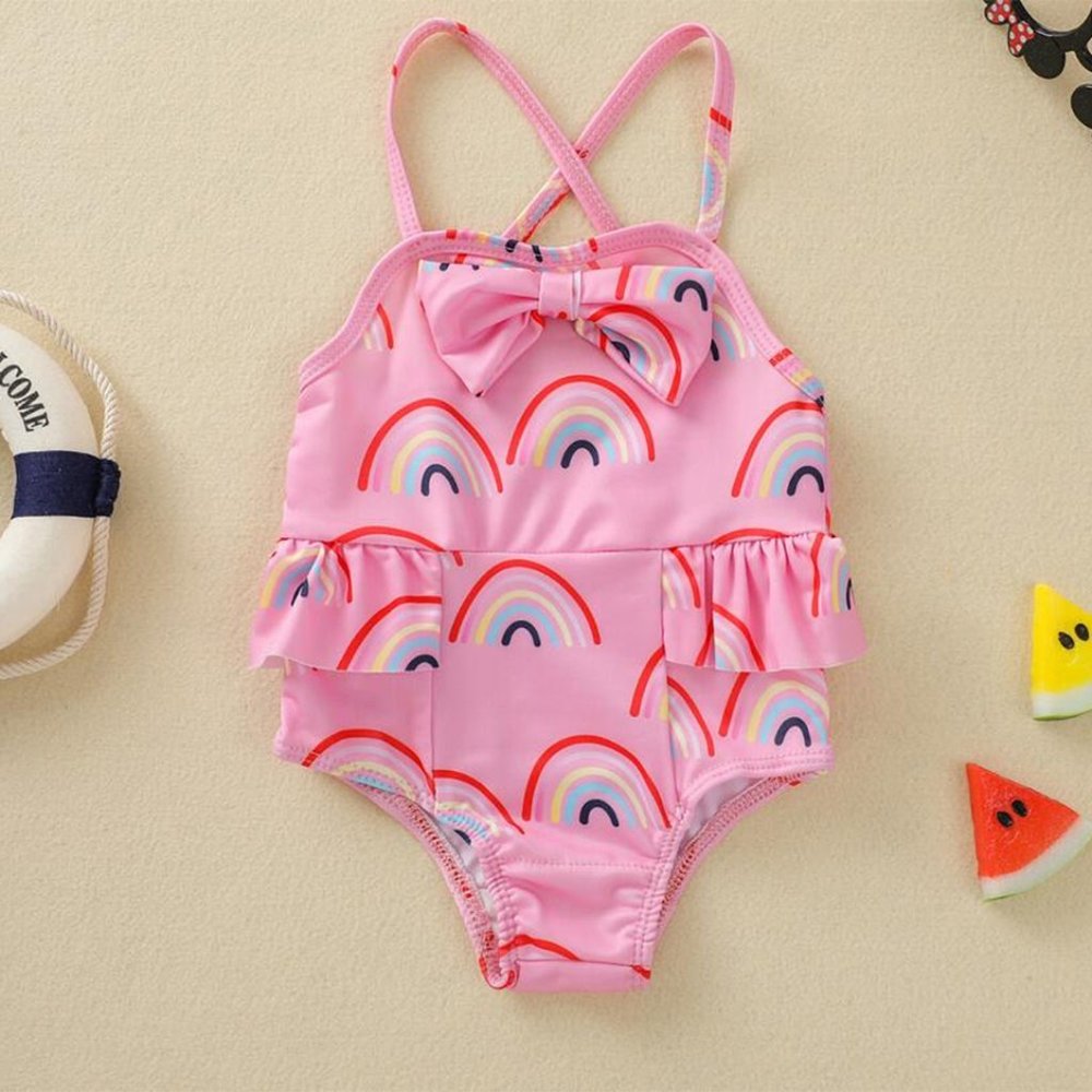Pink Rainbow Print One-Piece Ruffle Crisscross Back Baby Girl Swimsuit